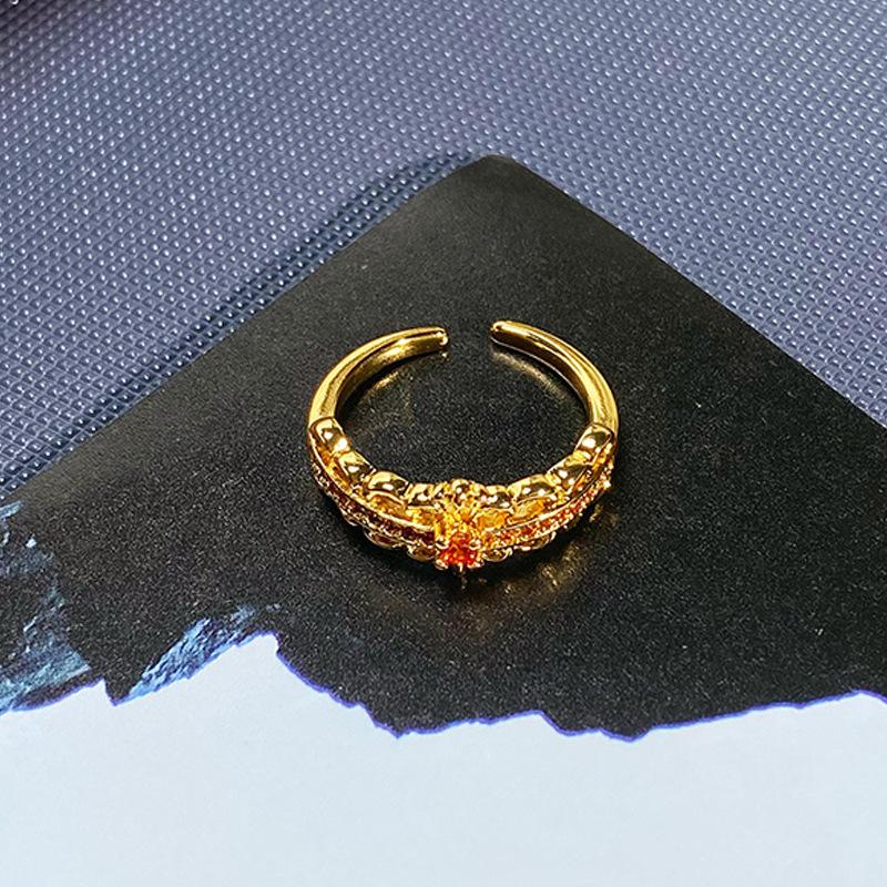 Medieval Court Style Retro Orange Red Full Diamond Zircon Ring Women'S Light Luxury Advanced Sense Index Finger Ring