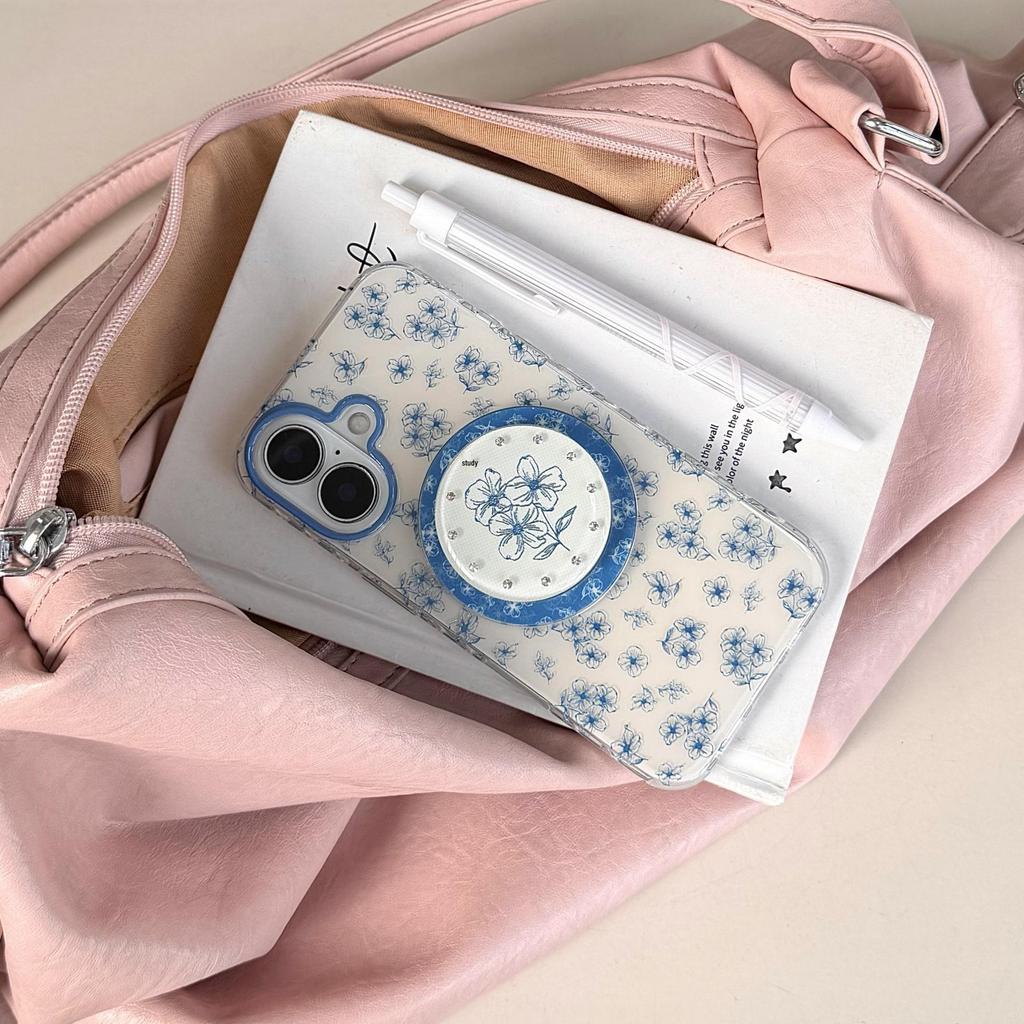 Retro Blue Flower Diamond Studded Magnetic Phone Case for Apple 16/17 Pro Max/iPhone 15, 14P (Female)