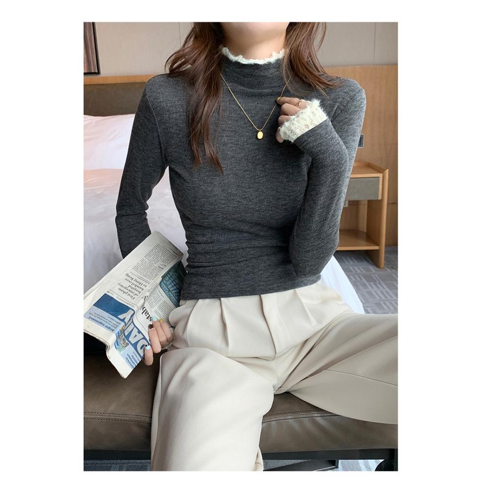 Lace Patchwork Half High Neck Base Sweater for Women, Autumn and Winter Thread Slim Fit Sweater, Lace Knit Sweater, Inner Top