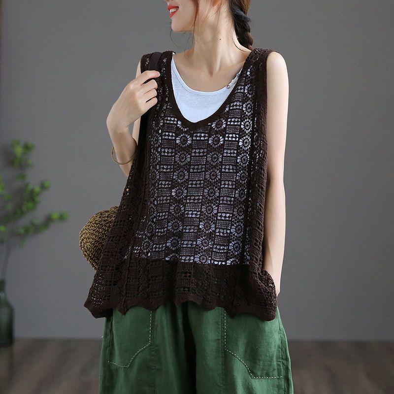 

Женский ажурный вязаный жилет из хлопка, связанный крючком, с V-образным вырезом, летний тонкий винтажный свободный жилет-верхняя одежда one size чёрный