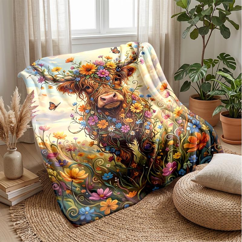 Flower Crown Highland Cow Theme Blanket Lightweight Warm Flannel Blanket Decorative Throw Blanket for Home Decoration