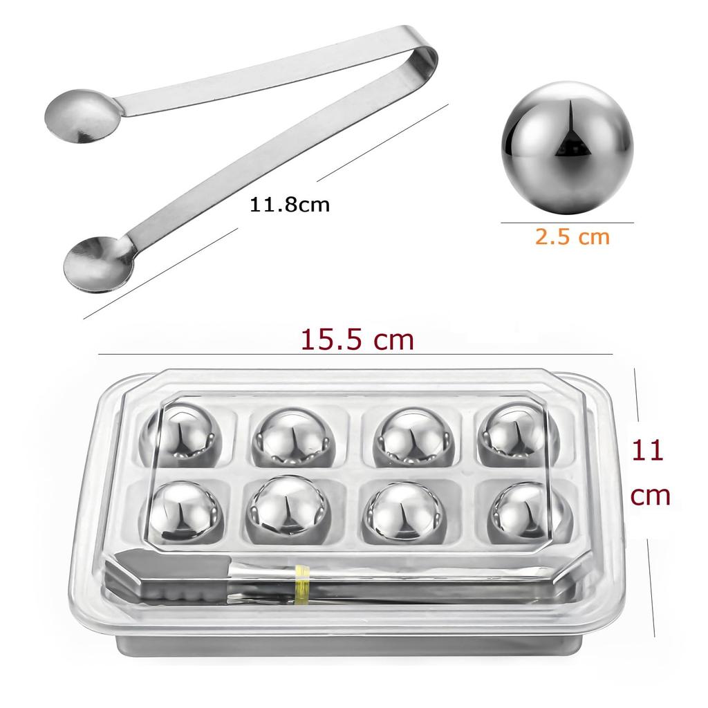 Ice Balls Whiskey Stones, 2.5cm Diameter, Storage Case, 2 Ice Tongs Included, Reusable Stainless Steel, Non-Melting Ice, 8 Pieces
