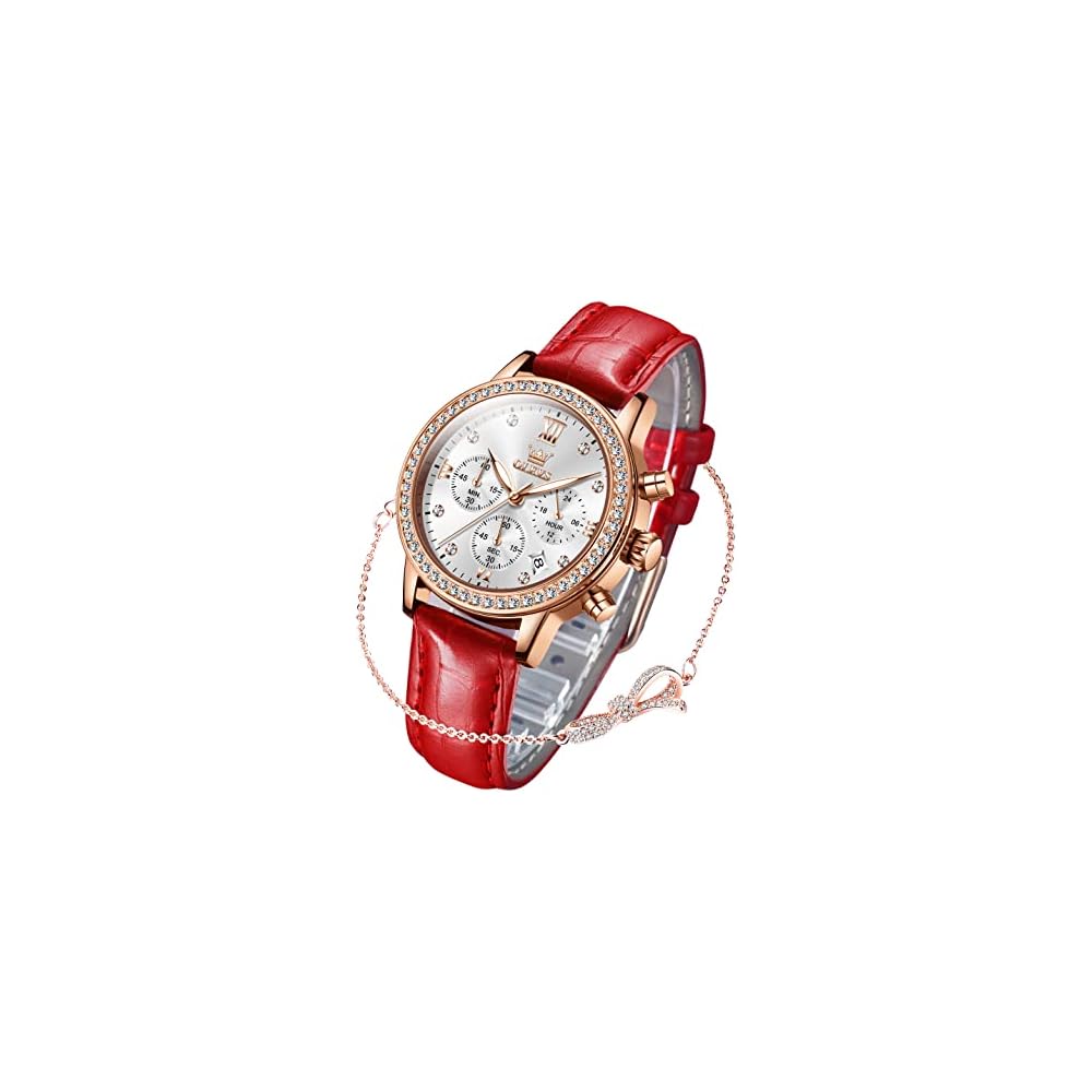 OLEVS Women s Lightweight Quartz Watch with Leather Strap, Waterproof, Date Display, Red