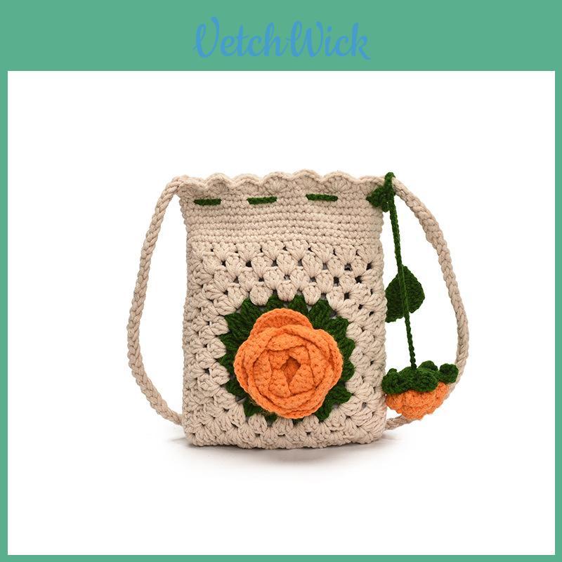 Minimalist Knitted Water Bucket Shoulder Bag With Drawstring And Rose Design For Women