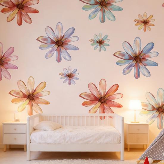 Flower Wall Decals Hand-painted Spring Wildflower Wall Stickers Peel And Stick Floral Wall Art Decor for Girls Bedroom Nursery Classroom Living Room