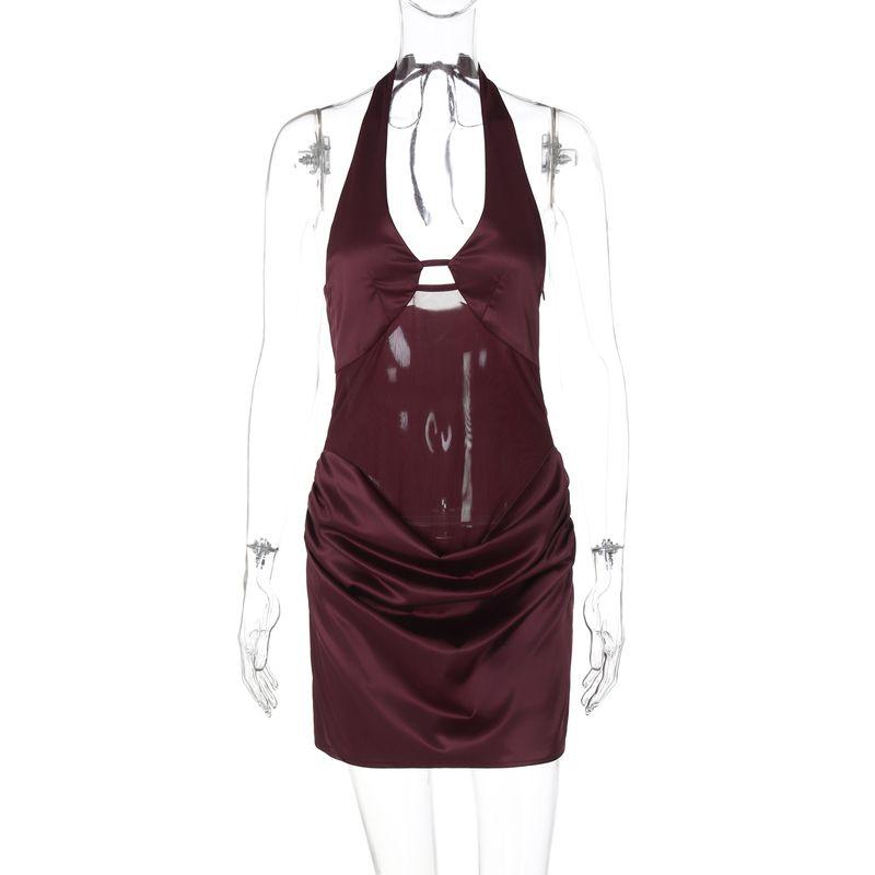 

Shemoda Fashion Wind Sexy Deep V Neck Backless Halter Dress Female Mesh Patchwork Cut Out Step Short Skirt Burgundy S