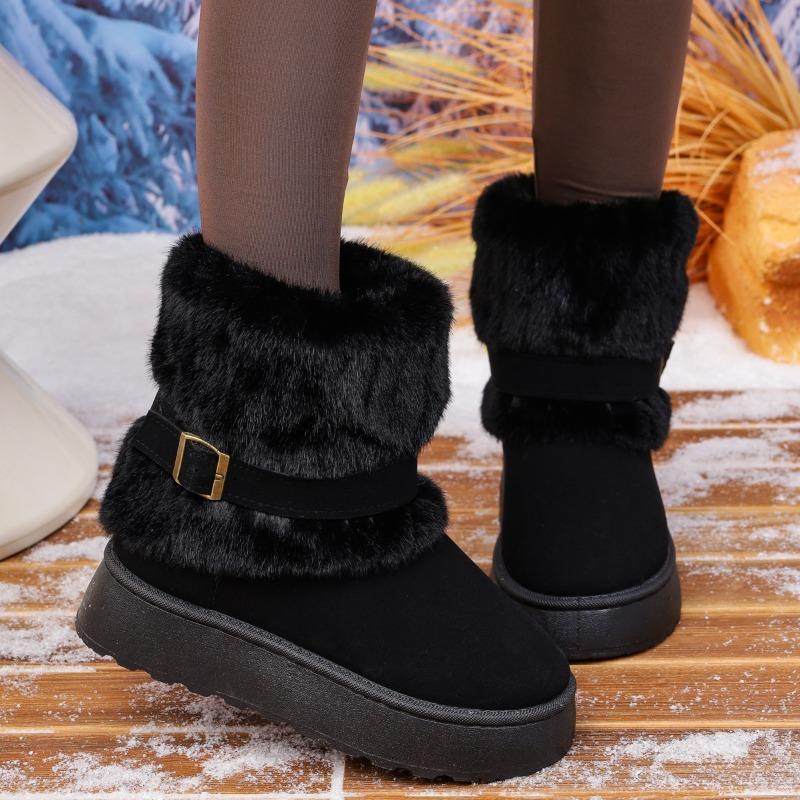2026 Winter New Short Plush Thick-soled Women's Snow Boots Metal Belt Buckle Ankle Boots Fluffy Furry Women's Cotton Shoes