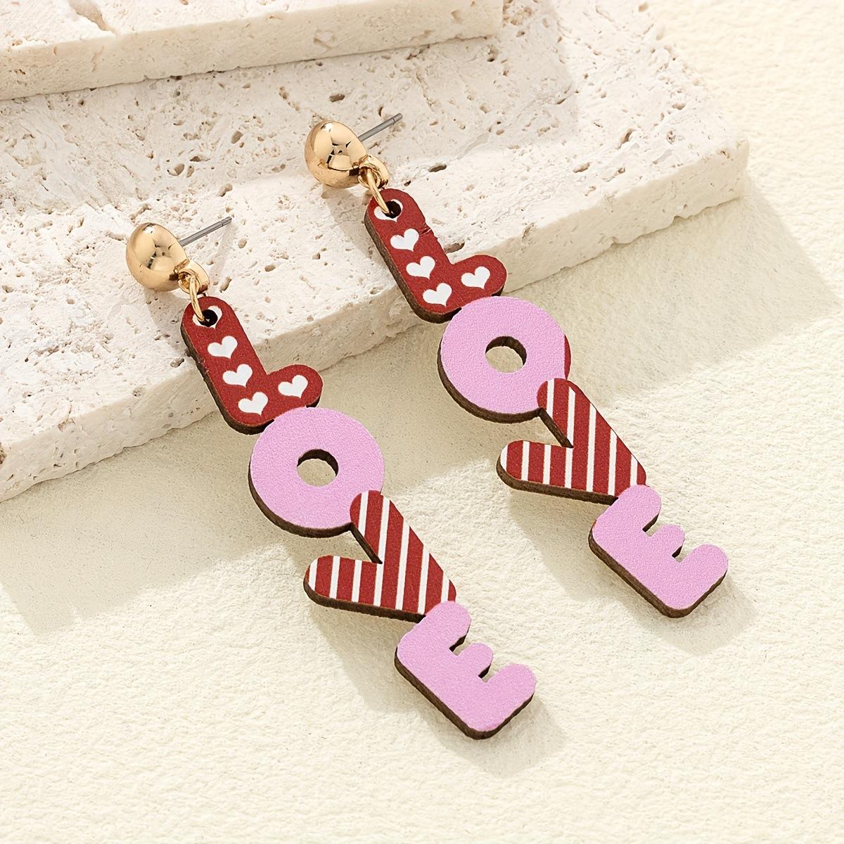 

New Valentine s Day Earrings Female Personality Creative Pink Printed Heart Balloon Wooden Earrings