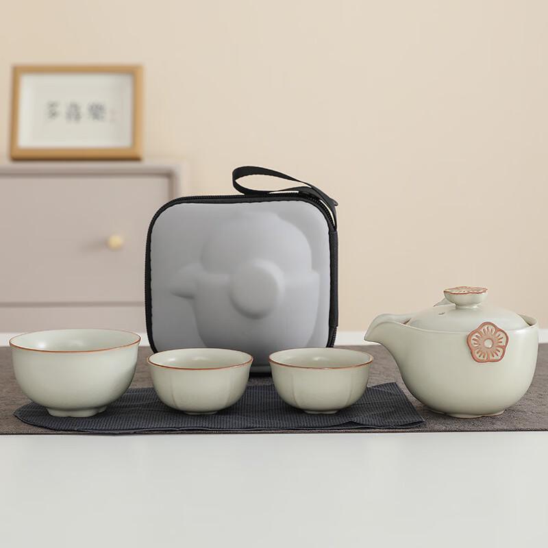 Xiao Ci Xiao Qu Zisha Travel Tea Set with Beige Ru-Style Glaze (1 Pot, 3 Cups)