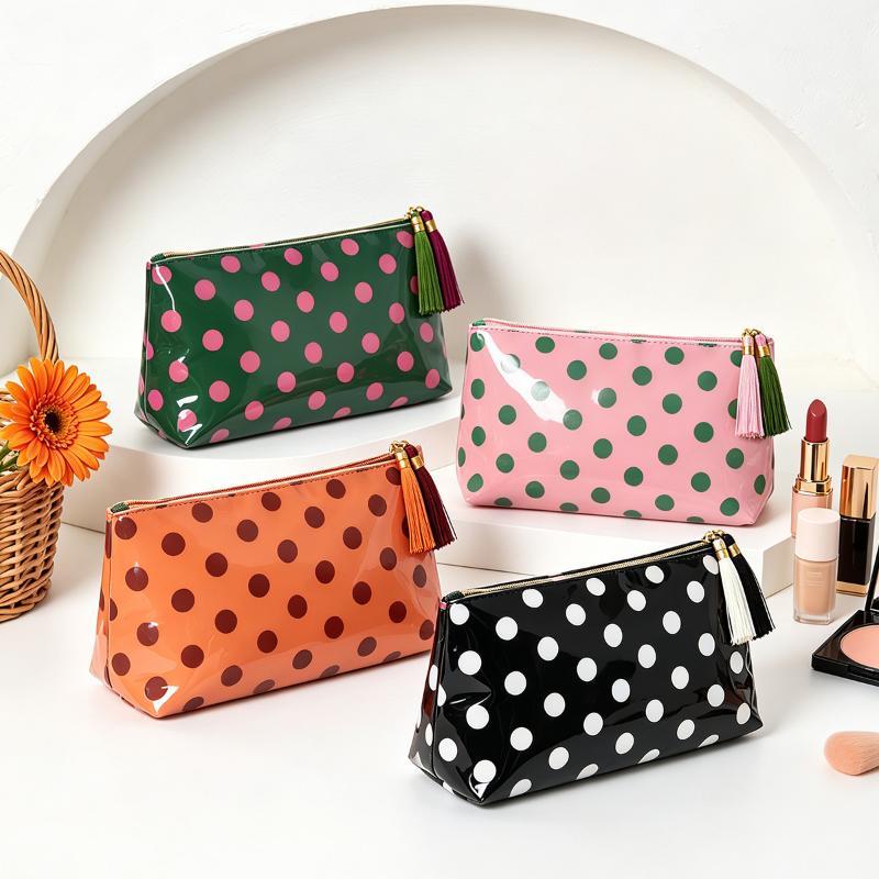 PVC Retro Polka Dots Cosmetic Bag Fringed Waterproof Zipper Makeup Organizer for Women Daily Skincare Carry