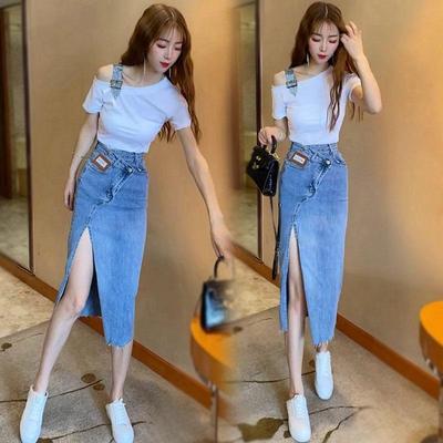 Gonna di jeans divisa a vita alta alla moda e versatile per donna