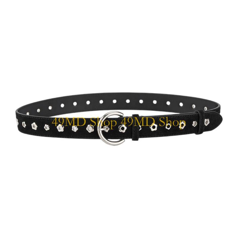 49MD Women Leather Belt Western Styles Wide Belt with Metal Buckles Star Hollows Belt