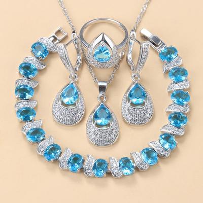 Blue Sapphire Pendant Earrings Necklace and Ring Lady Set