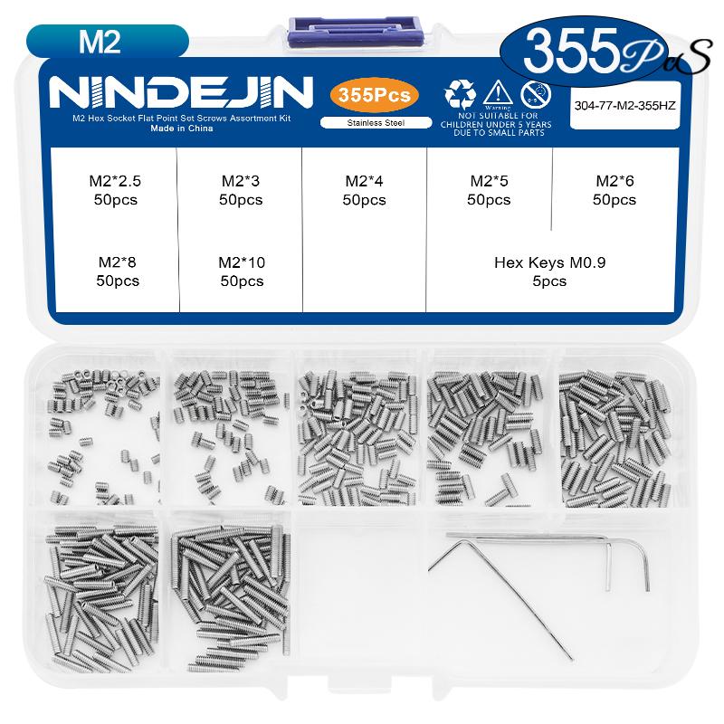 NINDEJIN Flat Point Set Screw Assorment Kit Stainless Steel M2-M10 Hexagon Socket Headless Set Grub Screw Kit with Hex Key