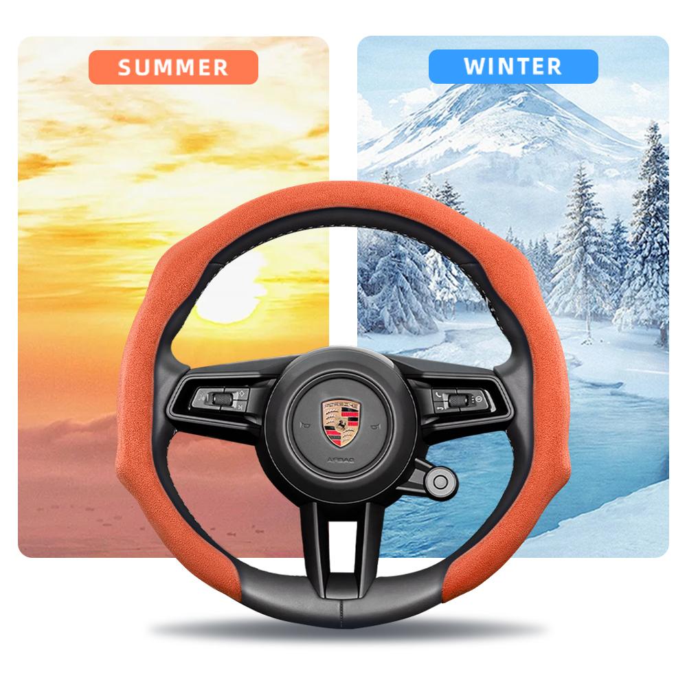 Suitable for Porsche Premium Suede Snap-On Steering Wheel Cover, Non-Slip and Durable Cayenne 996 Macan 957 Volante Boxster 986 718 Alcantara Turbo