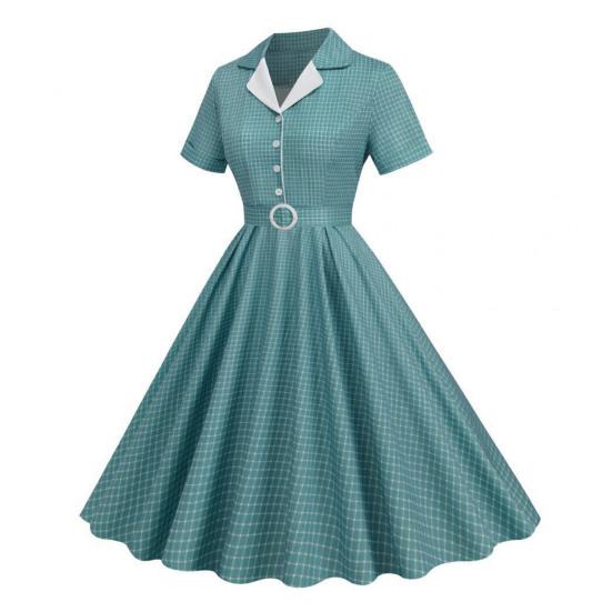 Women Evening Dress Retro Half Single-breasted A-line Big Swing Short Sleeve Turn-down Collar V Neck Plaid Print High Belted Tight