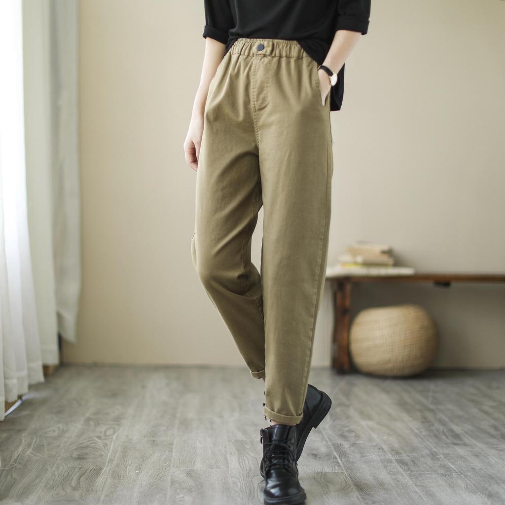 2024 Women's Spring & Autumn Retro Harem Pants, Elastic Waist, Loose Fit, Plus Size, Pure Cotton Carrot Pants