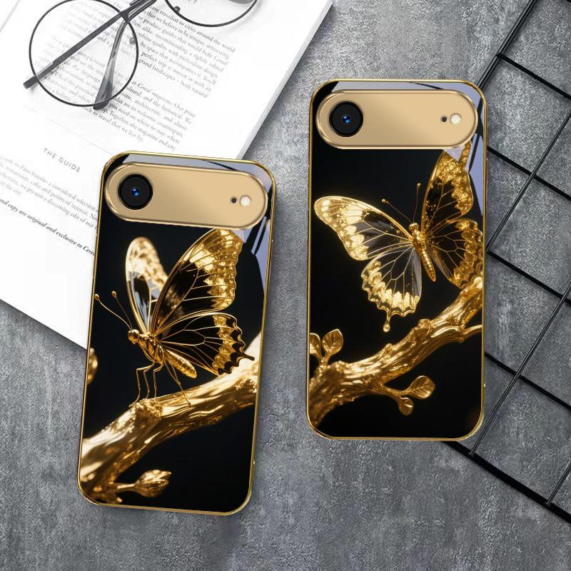 Schmetterling auf dem Ast Für IPhone 17Pro Max 16 17 Pro 15 Pro 14 13 Plus 12 Mini 11Pro Max XR 16E 17 Air Goldene Glas-Handyhülle