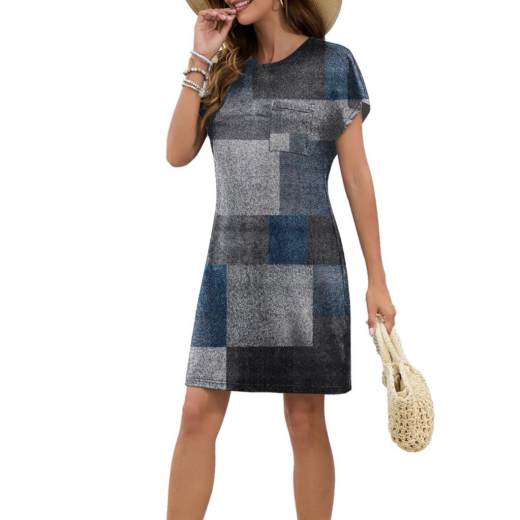 Women's Fashion Casual Summer Retro Line Printed Short Sleeve Round Neck Loose Dress