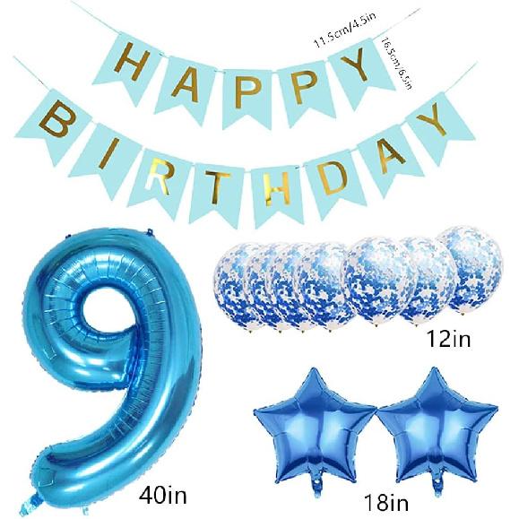 Balloons,12pcs 9th Birthday Party Balloon Decorations Happy Birthday Banner Number 9 Balloon Star Foil Balloon Helium Blue Confetti Balloon Perfect