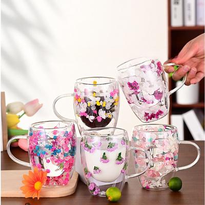 Double-layer Dried Flower Glass Cup High Temperature Resistant Coffee Cup with Handle Dried Flower Decorative Milk Breakfast Cup