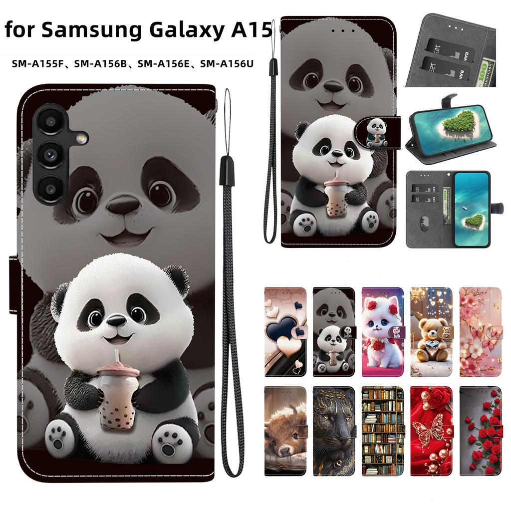 Handmade PU Leather Flip Case for Samsung Galaxy A15 4G/5G (A155F/A156B/A156E)- Anti-Slip Shockproof Cover with Wrist Strap & Heart/Rose Cat Designs