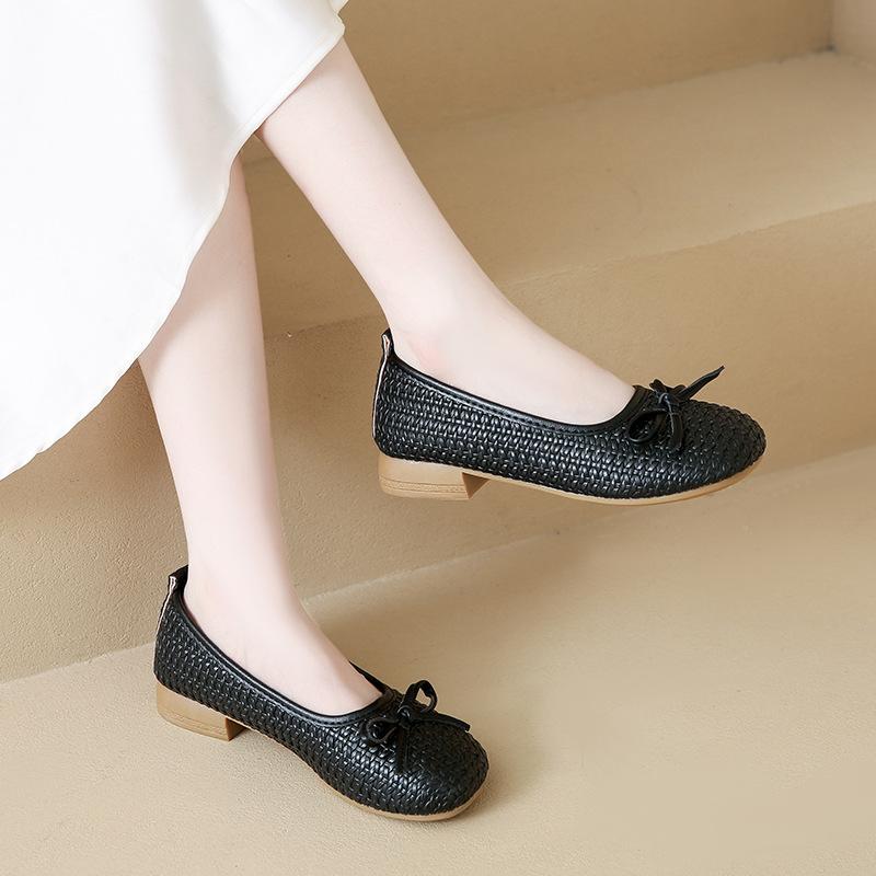 French thick heel woven single shoes women's 2025 autumn and summer new bow with skirt one pedal soft-soled beanie shoes