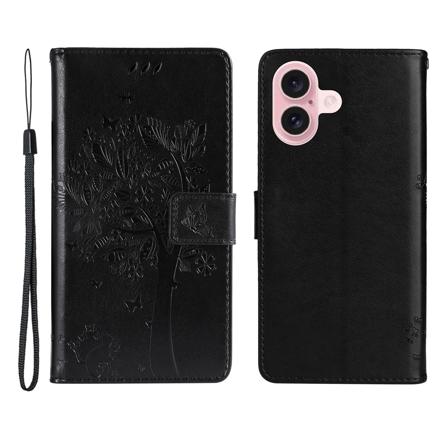 

For iPhone 16 Phone Case with Stand Cat Tree Pattern Leather Wallet Mobile Cover