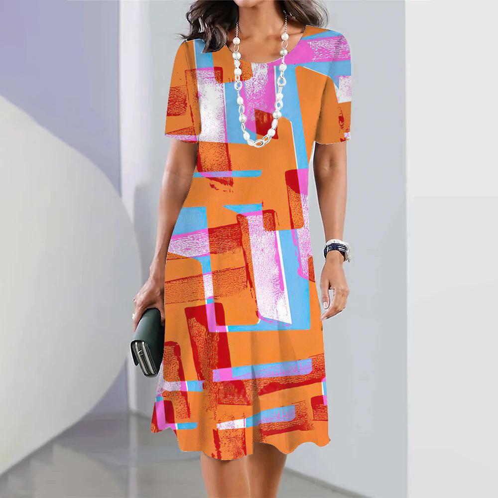 Summer Women's Fashion Round Neck Short-sleeved A-line Dress 3d Colorful Printing Casual Loose Dress