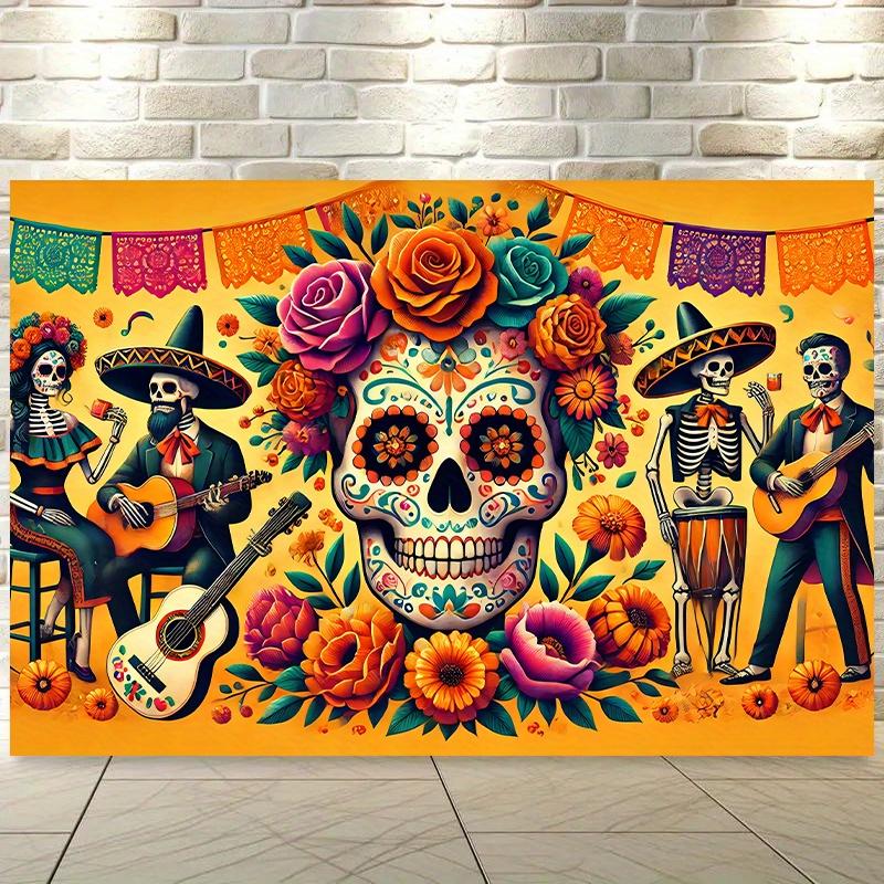 The background banner of the Day of the Dead Carnival - vibrant polyester wall coverings, colorful skulls and floral designs 100x150cm