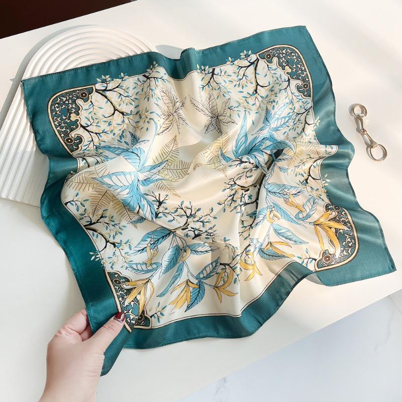 

Spring new elegant green color leaf plain crepe satin silk printed silk scarf women s mulberry silk small square scarf silk gift 53cm