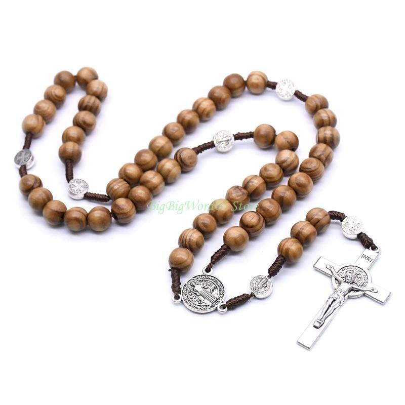 24TE Handmade Round Bead Rosary Necklace Men for Cross Jesus Pendant Catholic Religio
