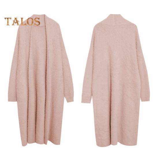 Damen Pullover Mantel Kragenlos Fledermausärmel Langarm Einfarbig Strick Cardigan Vorne Offen Mittellange Strickmode