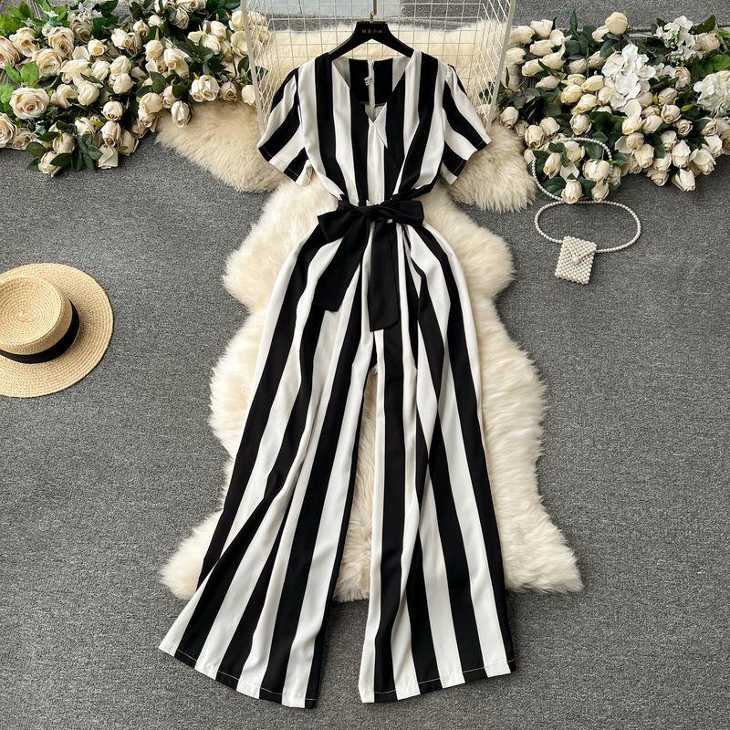 European and American Color Matching Striped Lace-up Waist-Tight Long Jumpsuit
