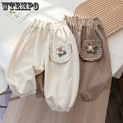 Pantalon décontracté d'automne pour filles Pantalon à fleurs tridimensionnelles Dentelle coréenne Jambes nouées Pantalon polyvalent pour bébé Printemps et Automne