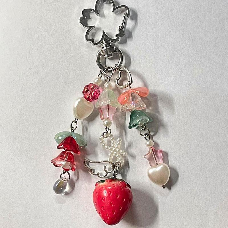 Cute strawberry bow keychain y2k coquettish fairytale lily of the valley keychain 2023