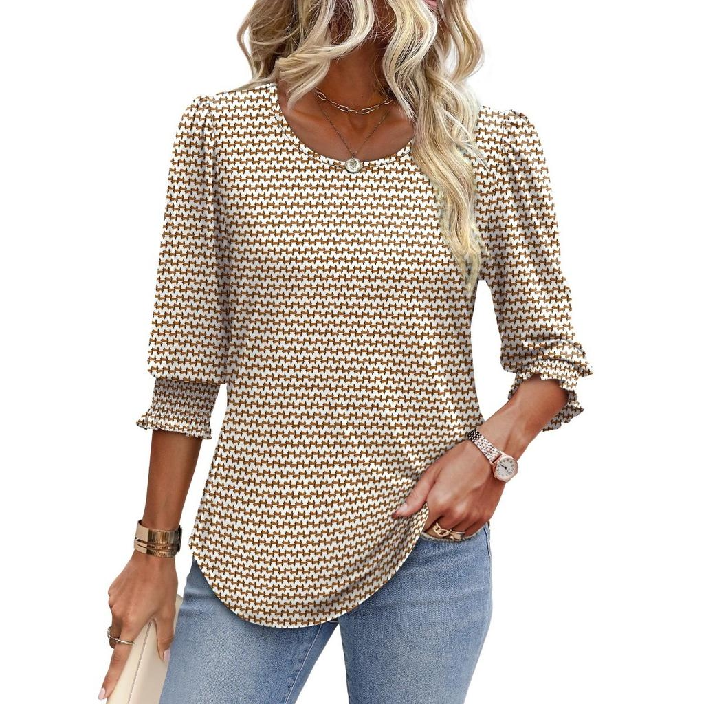 Women's Clothing, Spring, Loose, Casual, Printed, Seven Quarter Sleeves, Round Neck, T-shirt, Top