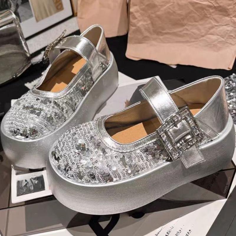 Fashion Summer New Flat Shoes Women Fashion Round Head Sequin Cloth Waterproof Table Anti-slip Wear-resistant Heel Shoes