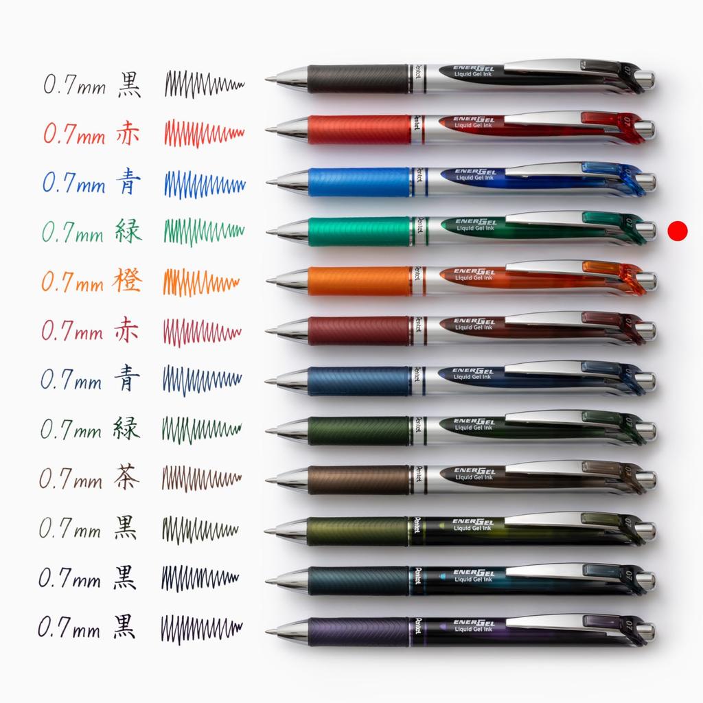 Pentel EnerGel Gel Ballpoint Silver 10 Pens Pen, Retractable, 0.7mm, Barrel, Green,