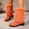 Women's Plus Size New European American Style Furry Patchwork Chunky Heel Round Toe Western Cowboy Knee High Boots