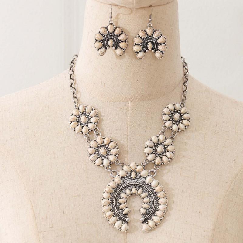 Boho Turquoise Pendant Necklace Set With Earrings Zinc Alloy Chain U-Shaped Vintage Style Women Men Casual Wear