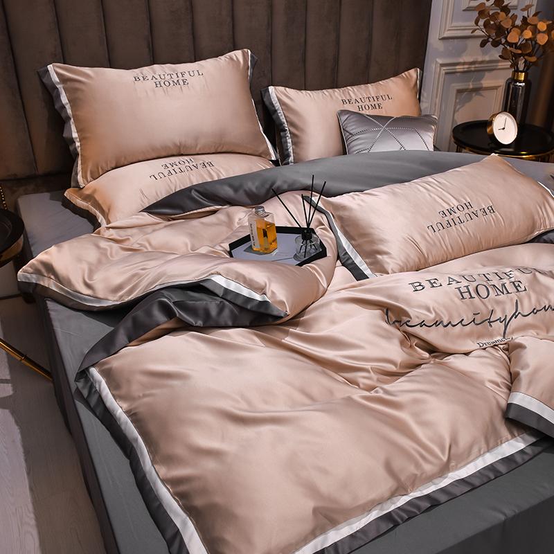 Spring Summer Bedding Set,Luxury Embroidery Duvet Cover,Cool Washed Silk Home Linens Fitted Sheet,Imitation Ten cel Silk King