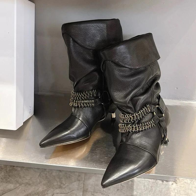 Pantofi Toamnă Iarnă Modă Stradală Cataramă Metalică Cizme Dama Până la Mijlocul Gambei Vintage Vârf Ascuțit Tocuri Subțiri Joase Botine Western