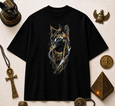 Egyptian Bastet Cat Graphic T-Shirt Vintage Gold Teal Pharaoh Design Tee for Men & Women