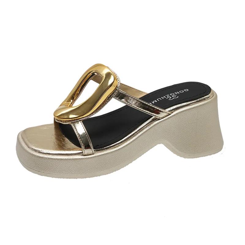 Fashion 2024 Summer New Hollowed Out Gold Buckle High-heeled Slippers with Socialite Style Gold Wedge Heel High-heeled Slippers