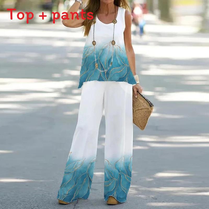 Summer Girl Sleeveless Top And Tall Pants Set With Polyester Print For Casual Wear