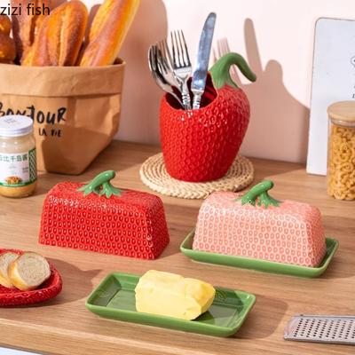 Erdbeere Keramik Butterplatte Käseplatte Butterdose Sushiplatte Küchenvorratsglas Essstäbchen Löffel Gabel Vorratsglas