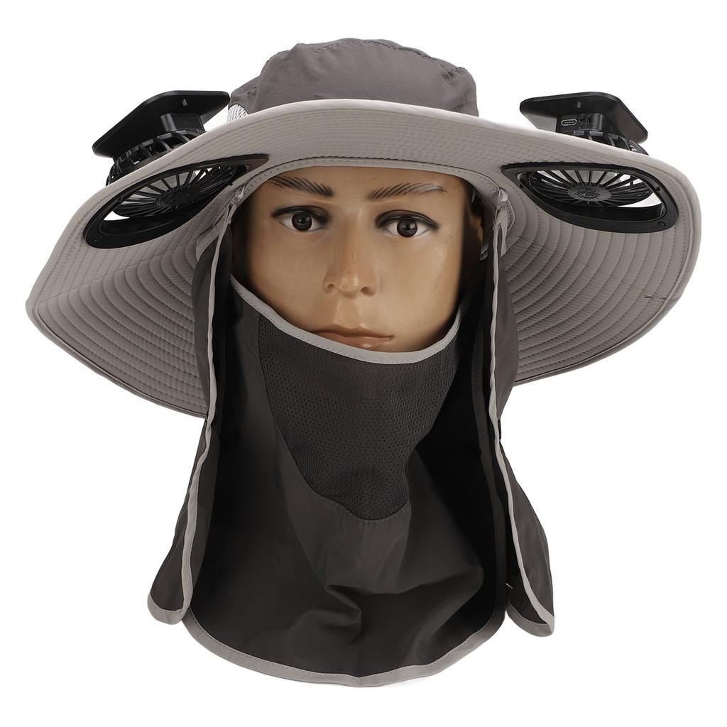 Mens Sun Hat with 2 Solar Fans Nylon UPF50 Wide Brim Fast Drying USB Rechargeable Cooling Fan Fisherman Hat for Beach Outdoor Sports