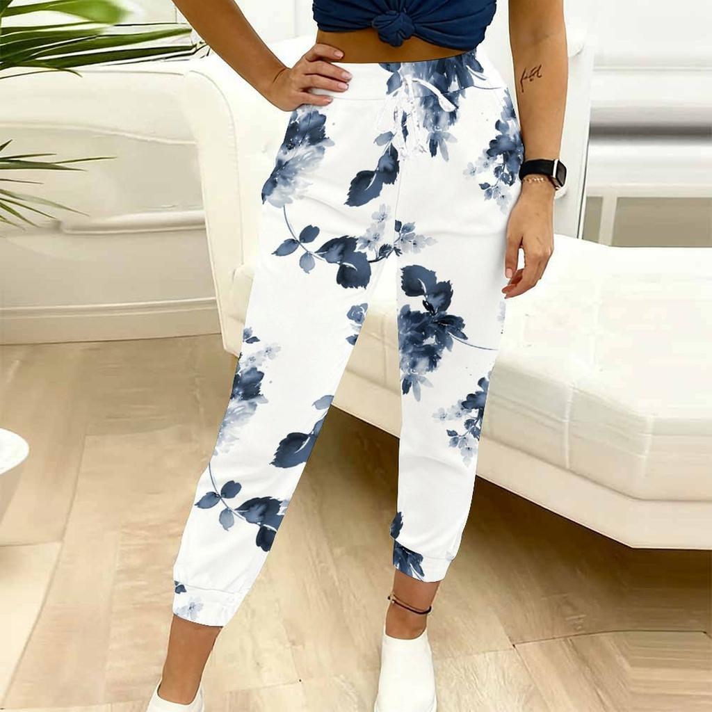 Summer Ladies Level Printed Sweatpants Loose Fit Drawstring Joggers Elastic Cuff Daily Casual Pants