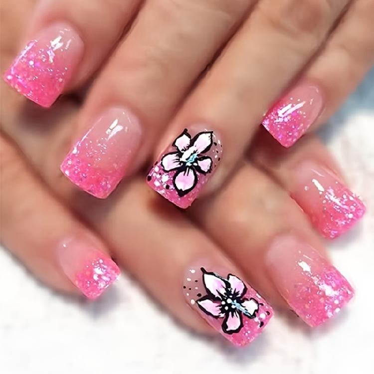 Square Nail Tips Flower Fake Nail Glues On Nail Stick On Nail Press On Nail Artificial False Nail for Womens and Girls